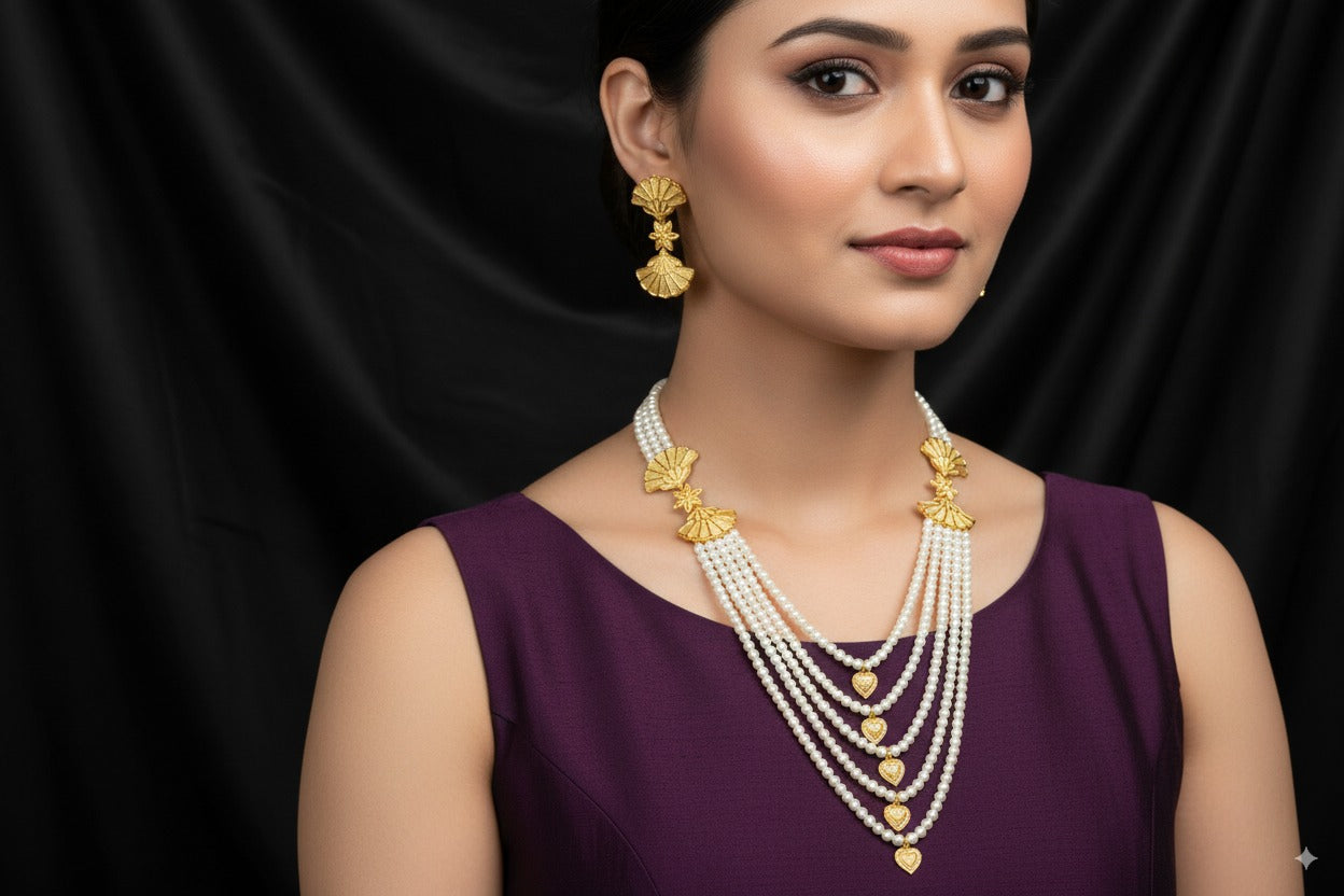 Elegant Multi-Layer Pearl Necklace with Gold Shell Motifs & Matching Earrings