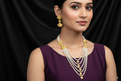 Elegant Multi-Layer Pearl Necklace with Gold Shell Motifs & Matching Earrings
