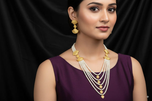 Elegant Multi-Layer Pearl Necklace with Gold Shell Motifs & Matching Earrings