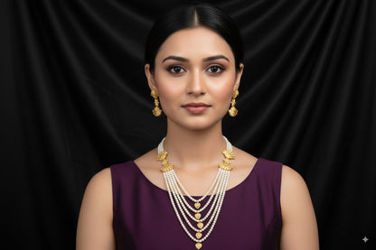 Elegant Multi-Layer Pearl Necklace with Gold Shell Motifs & Matching Earrings