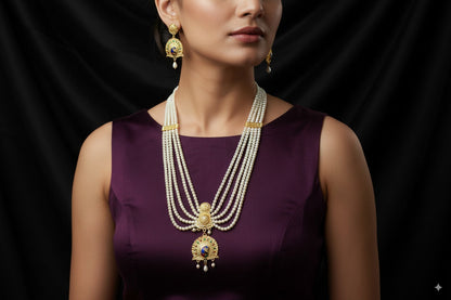 Multi-Layer Pearl Necklace with Gold Shell Motifs & Matching Earrings
