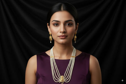 Multi-Layer Pearl Necklace with Gold Shell Motifs & Matching Earrings