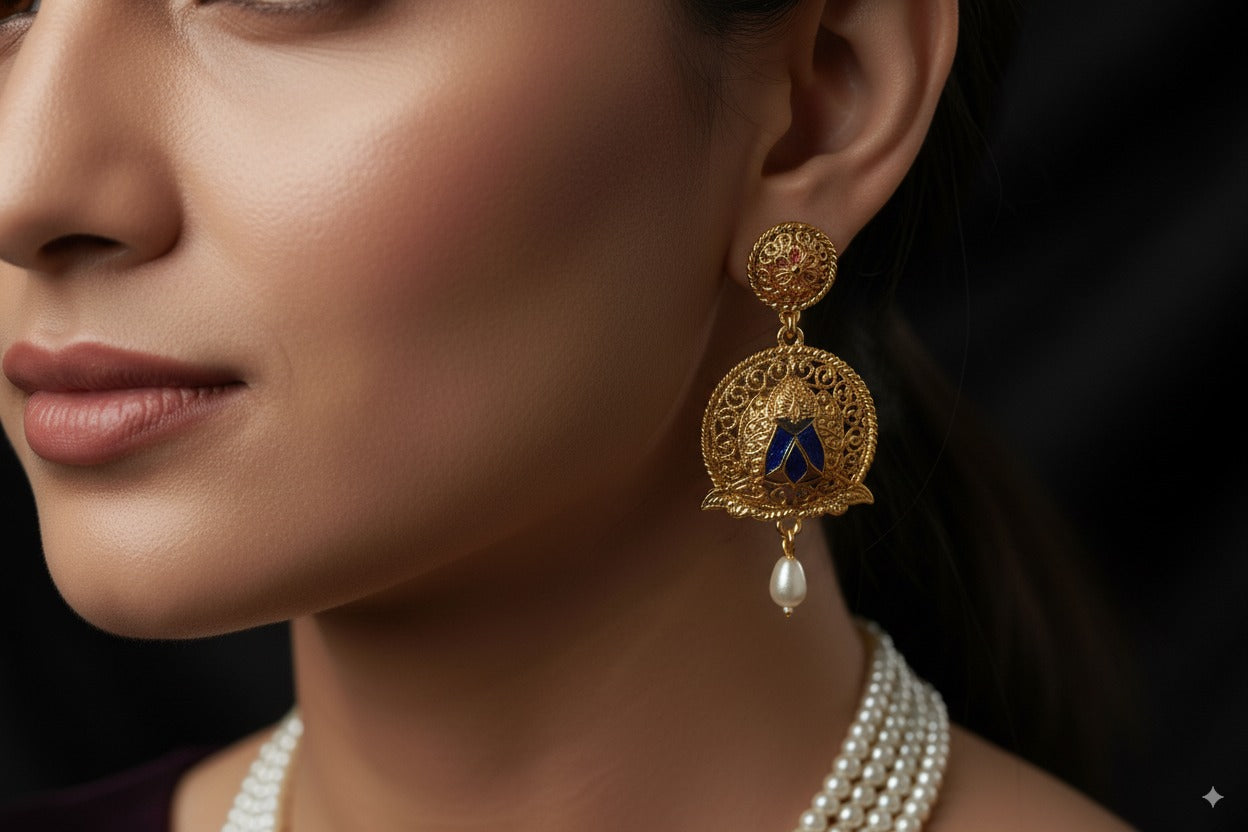 Multi-Layer Pearl Necklace with Gold Shell Motifs & Matching Earrings