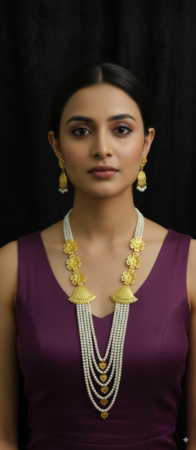 Gold-plated Multi-Layer Pearl Necklace with Gold Shell Motifs & Matching Earrings