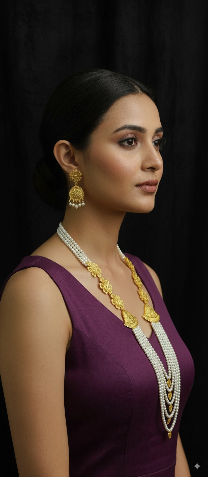 Gold-plated Multi-Layer Pearl Necklace with Gold Shell Motifs & Matching Earrings