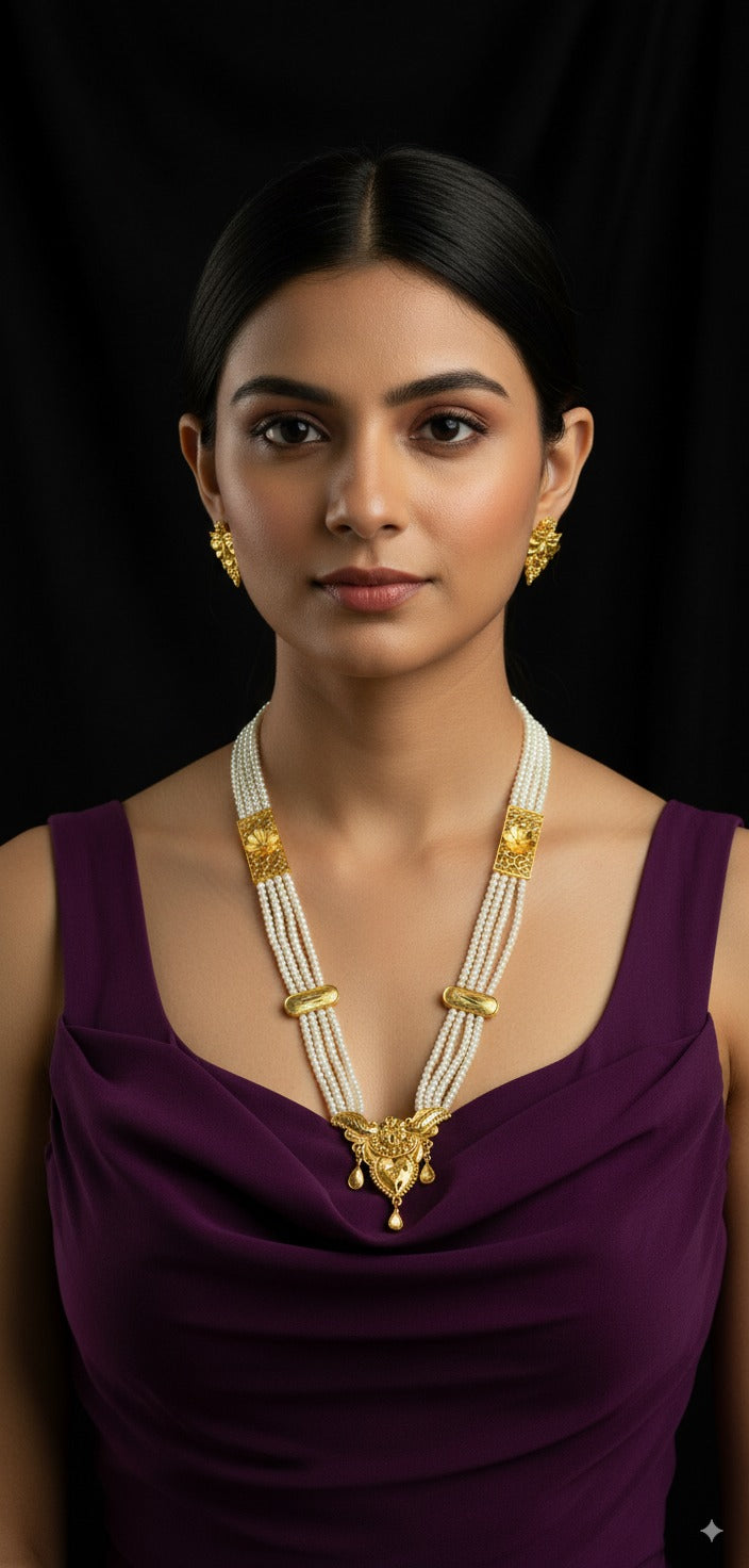 Elegant Gold-Plated Pearl Layered Necklace Set with Earrings