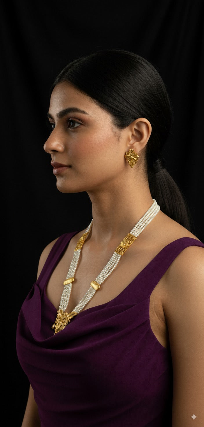 Elegant Gold-Plated Pearl Layered Necklace Set with Earrings