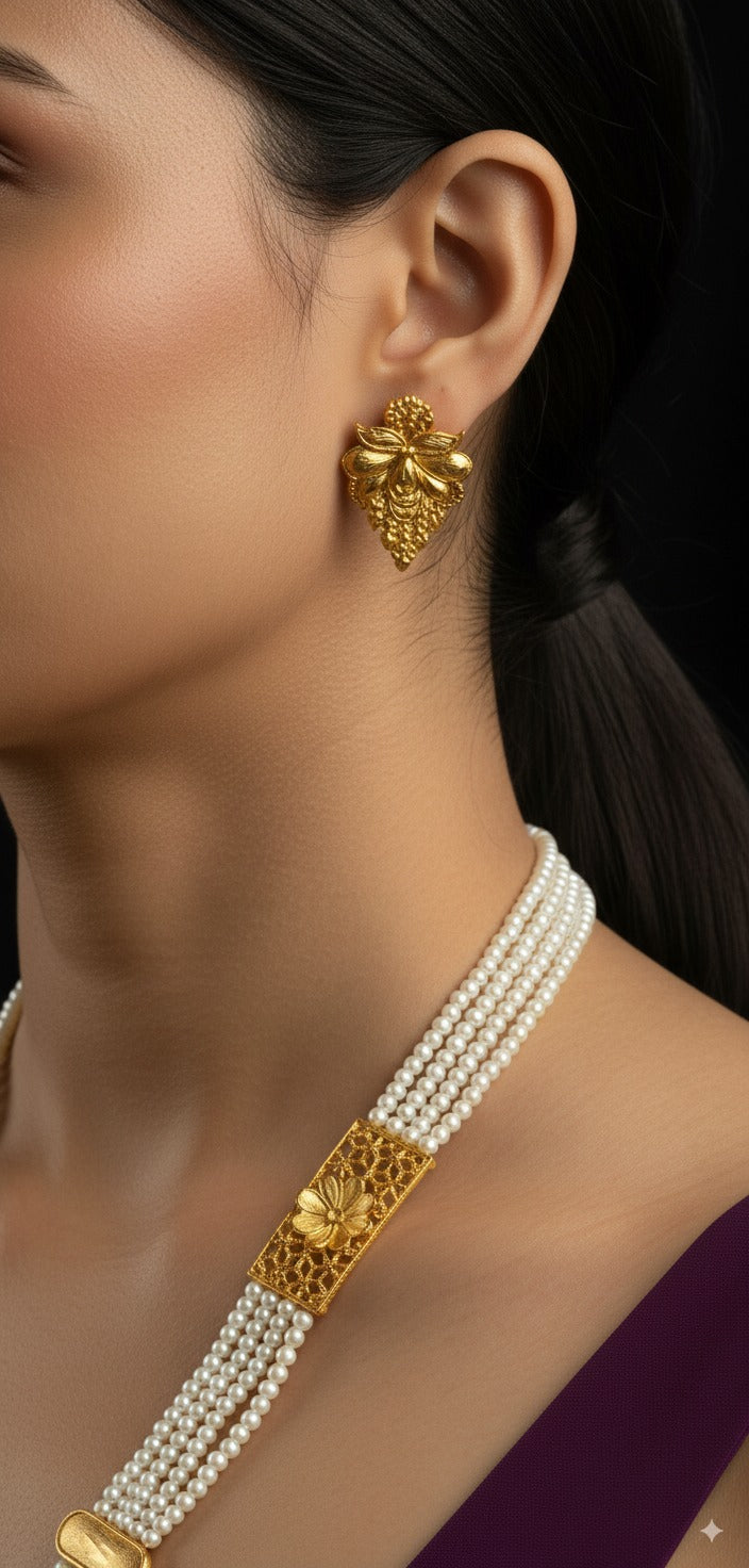 Elegant Gold-Plated Pearl Layered Necklace Set with Earrings