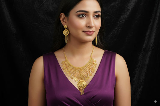 Elegant Traditional Gold-Plated Necklace Set with Matching Earrings
