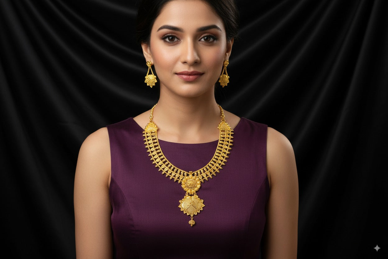 raditional Gold-Plated Temple Necklace Set with Intricate Floral Pendant & Earrings