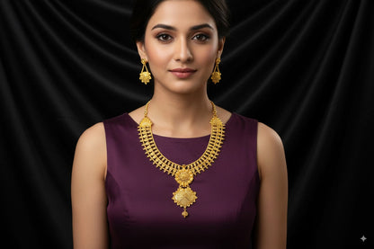 raditional Gold-Plated Temple Necklace Set with Intricate Floral Pendant & Earrings