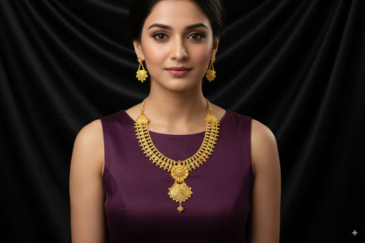 raditional Gold-Plated Temple Necklace Set with Intricate Floral Pendant & Earrings