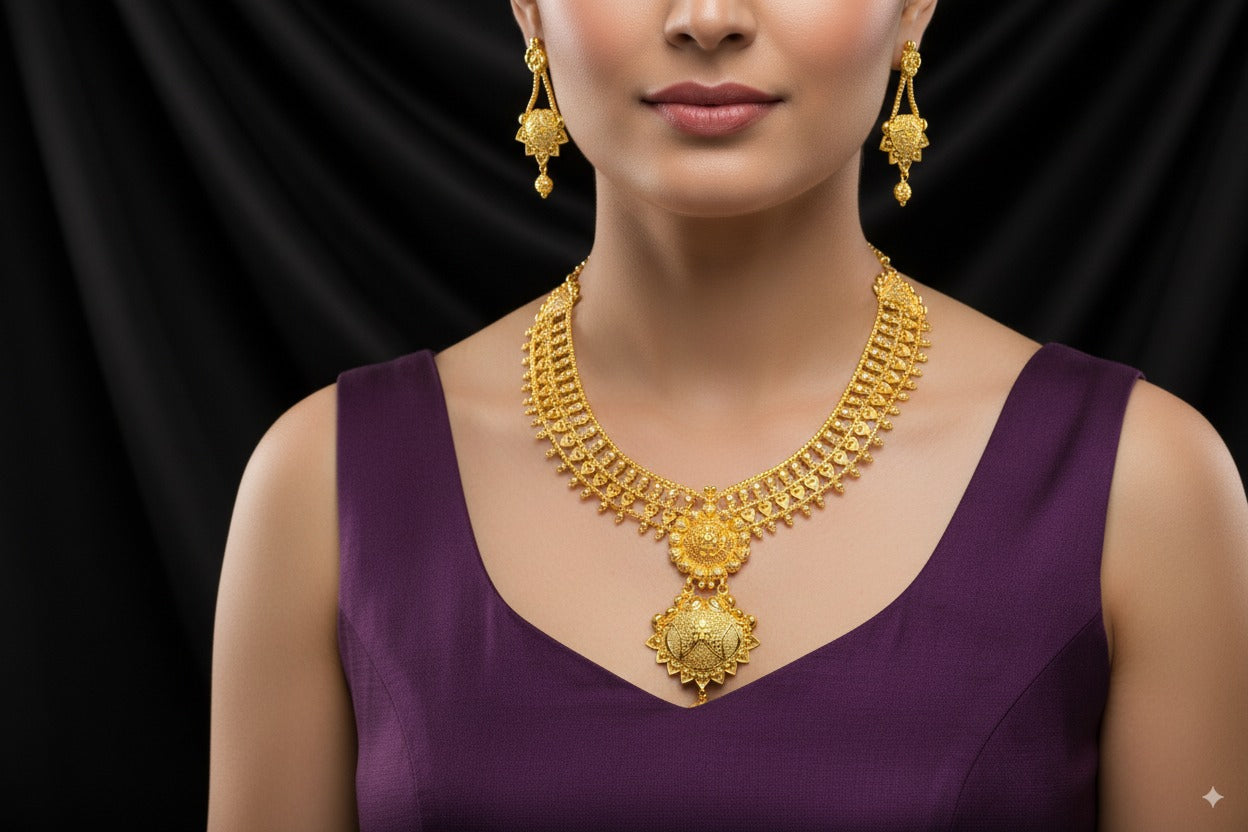 raditional Gold-Plated Temple Necklace Set with Intricate Floral Pendant & Earrings