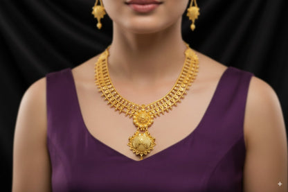 raditional Gold-Plated Temple Necklace Set with Intricate Floral Pendant & Earrings