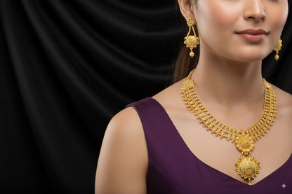 raditional Gold-Plated Temple Necklace Set with Intricate Floral Pendant & Earrings