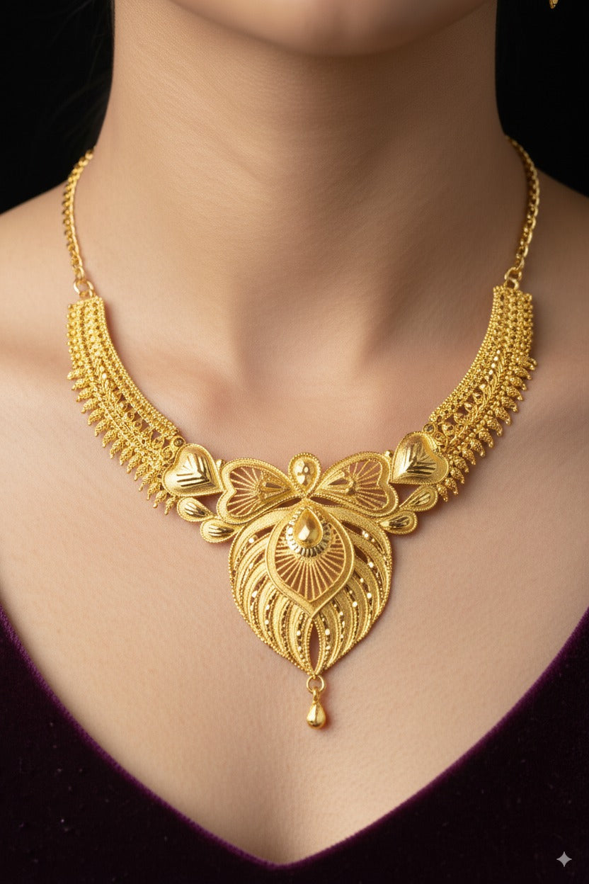Traditional Gold-Plated Bridal Necklace with Intricate Filigree Design