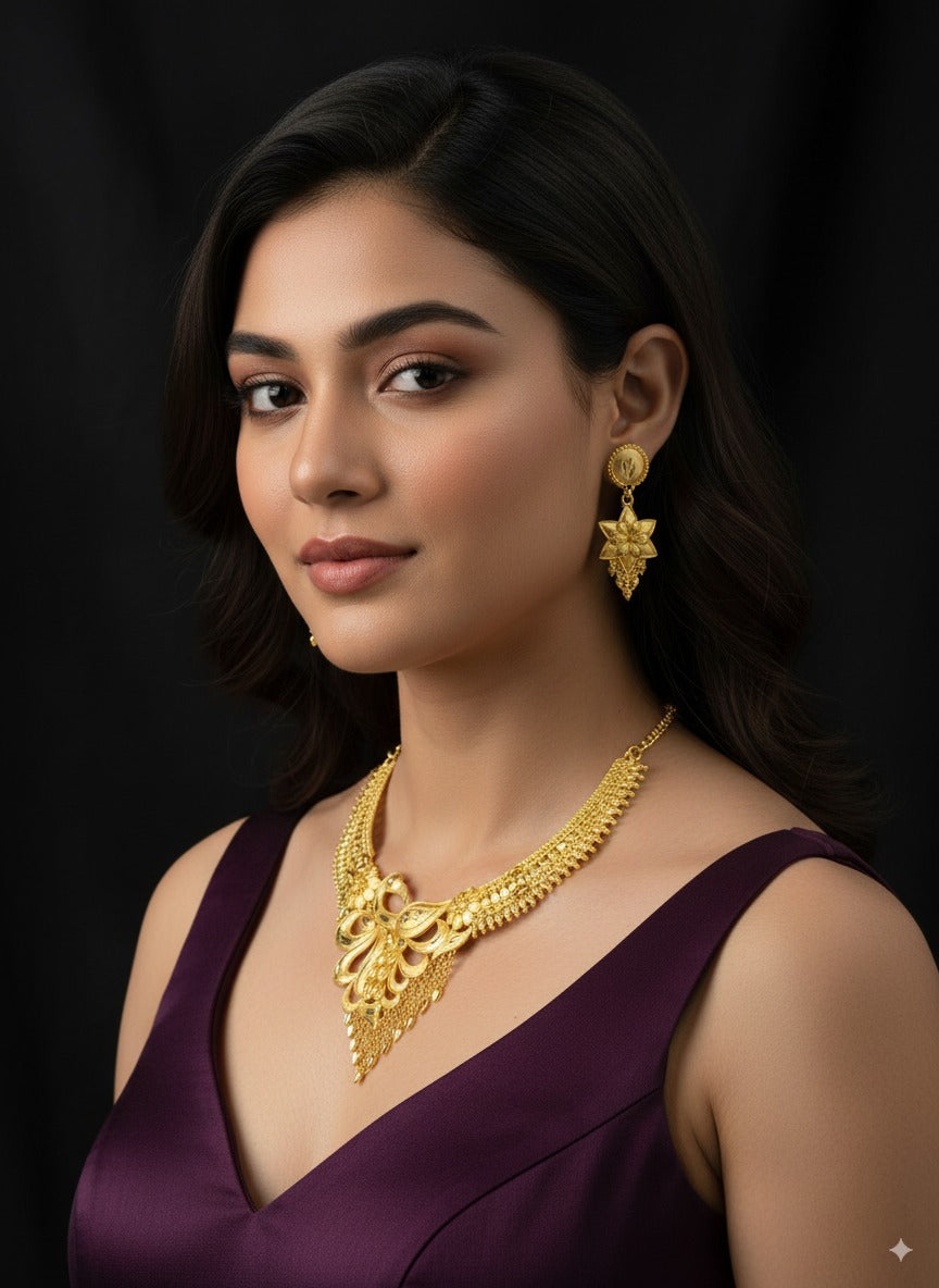 Exquisite Floral Motif Gold-Plated Bridal Necklace with Dangling Beads