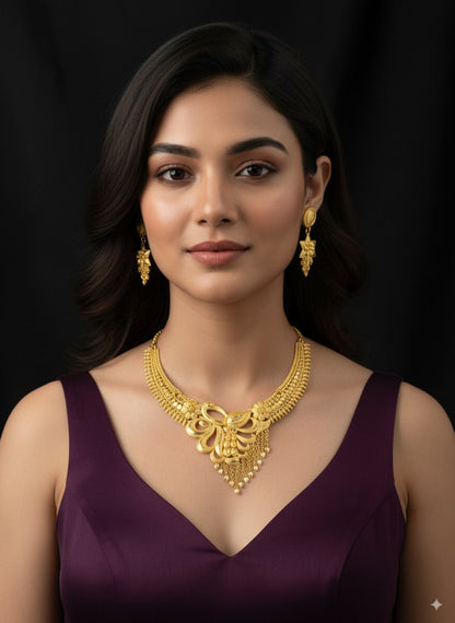 Exquisite Floral Motif Gold-Plated Bridal Necklace with Dangling Beads
