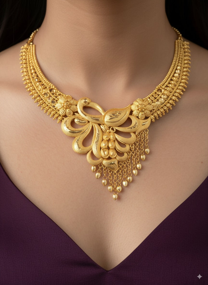 Exquisite Floral Motif Gold-Plated Bridal Necklace with Dangling Beads