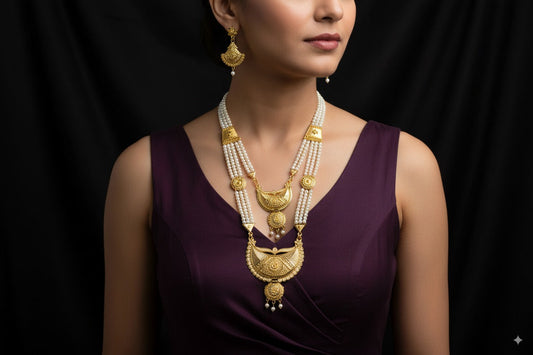 Regal Gold-Plated Pearl Layered Necklace Set with Earrings – Traditional Ethnic Jewelry